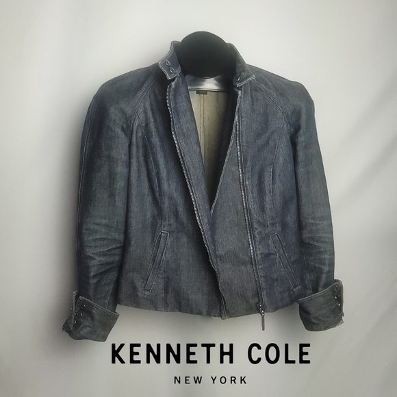 KENNETH COLE Jeans Jacket Asymmetrical Zip Snap Cuffs & Collar Sz 4 - Picture 1 of 8
